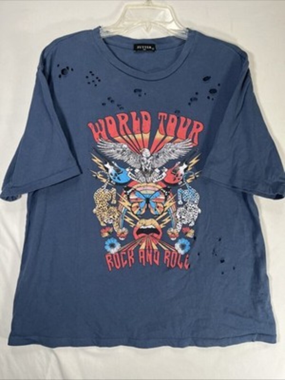 Zutter World Tour Distressed Rock And Roll Blue Graphic Print T Shirt Women’s L
